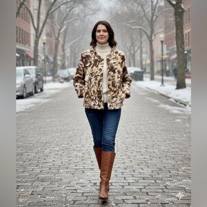 Coldwater Creek Jacket Womens 12P Brown Tan Floral Cotton Linen Blend Buttons